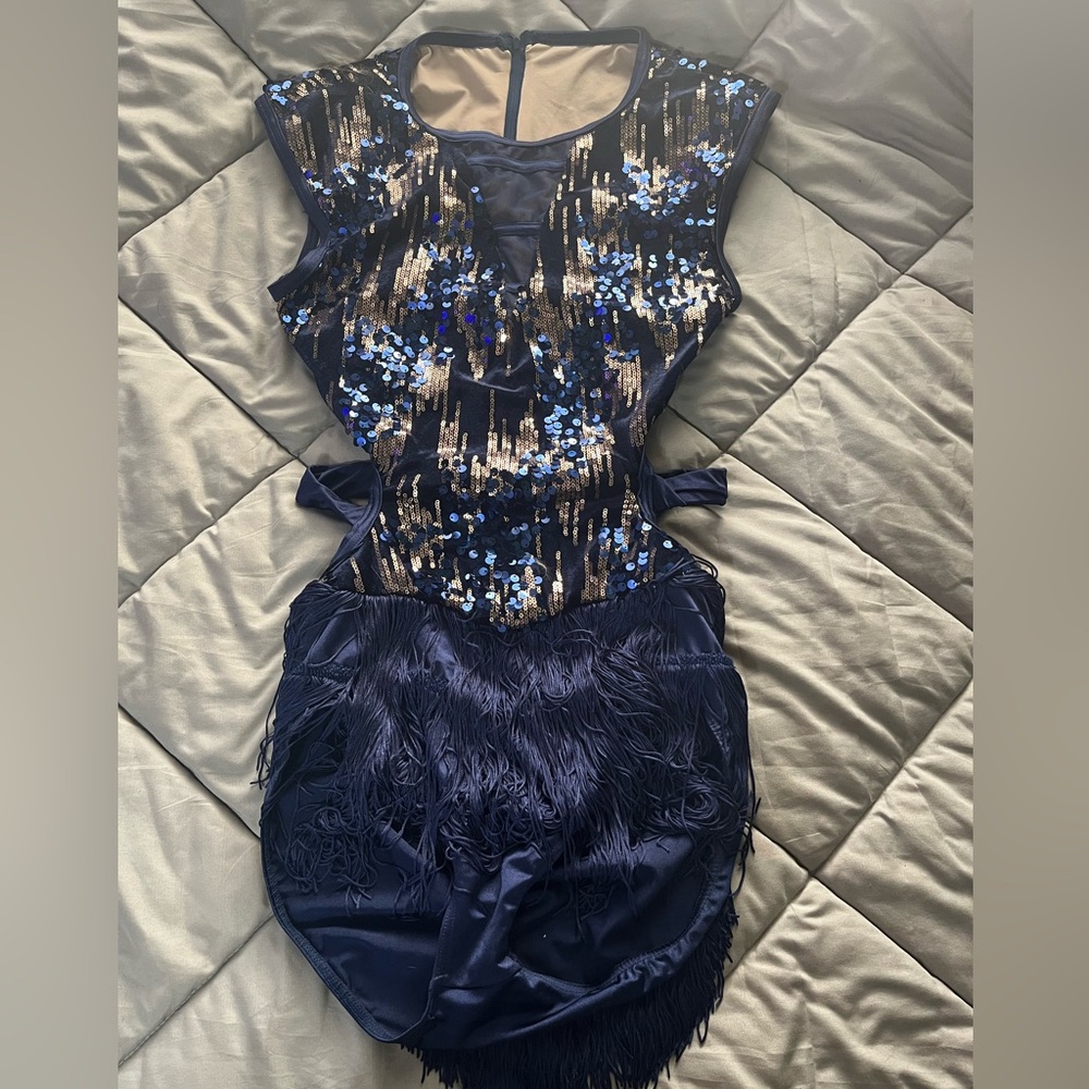 Blue and gold ballroom costume with fringe